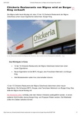Chickeria Restaurants von Migros wird an Burger King verkauft